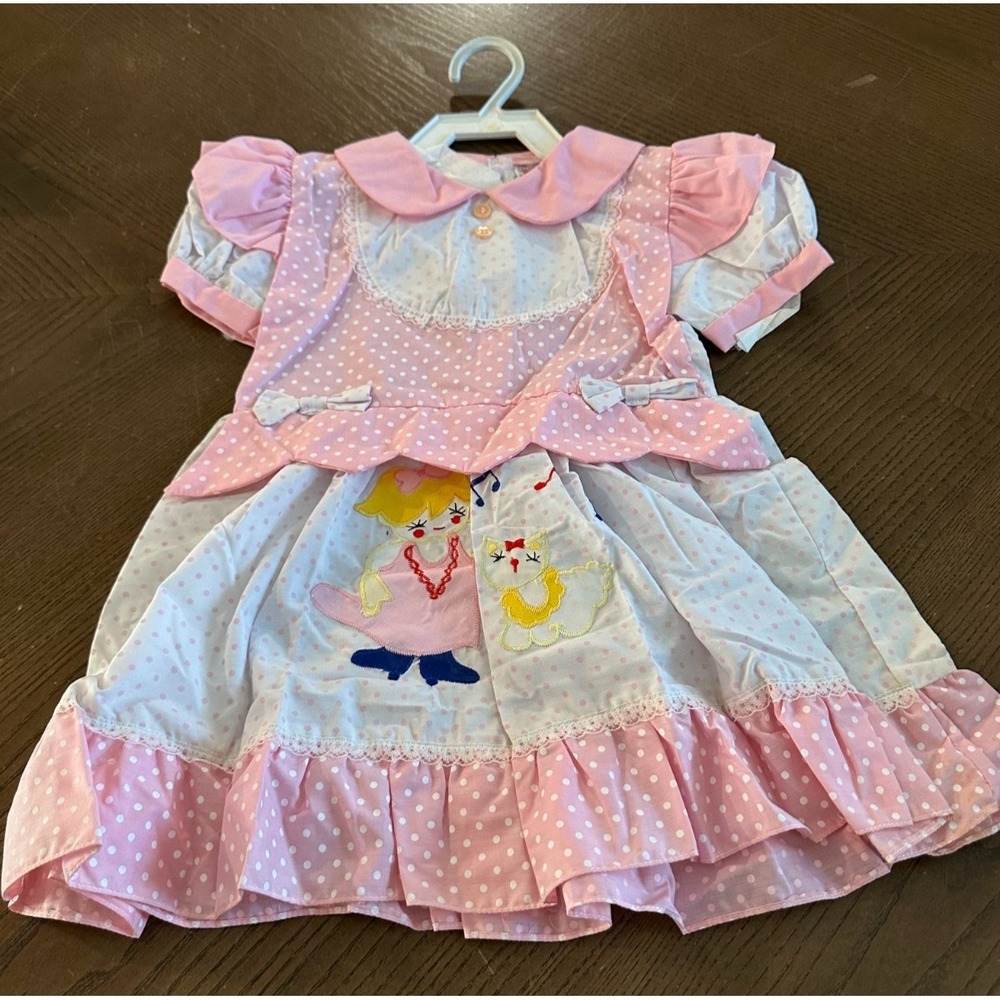 Vintage Allura Pink Polka Dot Size 4 Cat & Girl Ruffle Dress NWOT 80/90s